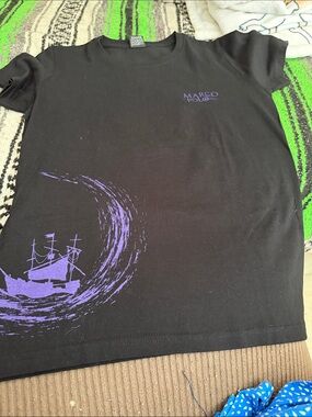 Marco Polo Men’s Black Short Sleeve Tee with Purple Ship Graphic